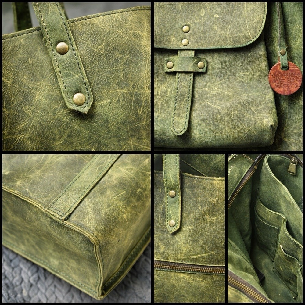 Handmade Green Distressed Leather Tote Bag Shoulder Carry Zip Top‎ Large Laptop